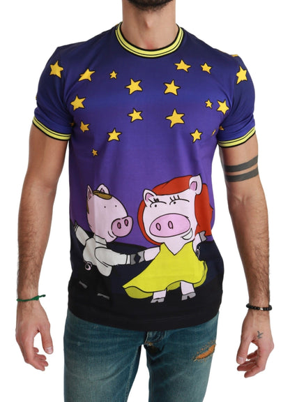 Purple Cotton Round Neck T-Shirt with Pig Motif