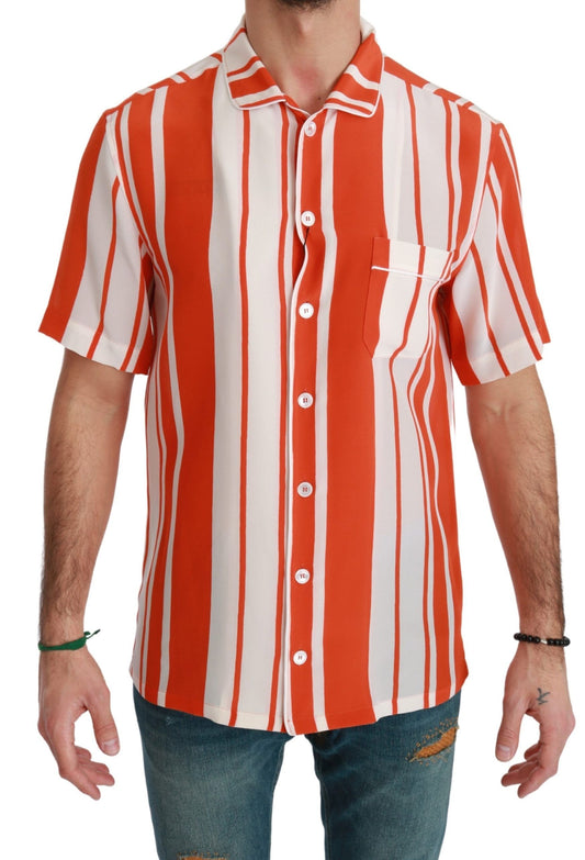 Camisa elegante de seda a rayas - Blanca y naranja