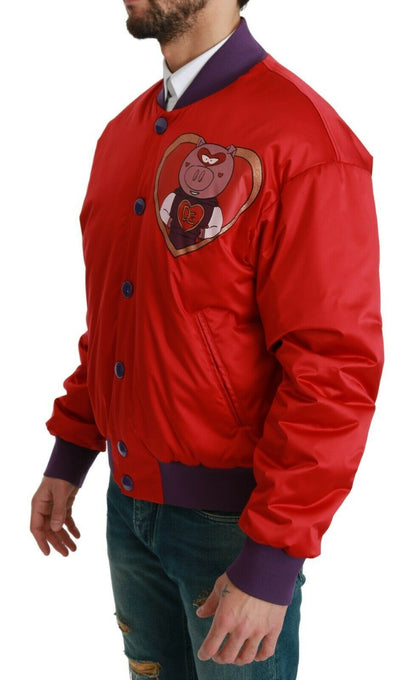 Chaqueta bomber roja vibrante con motivo multicolor