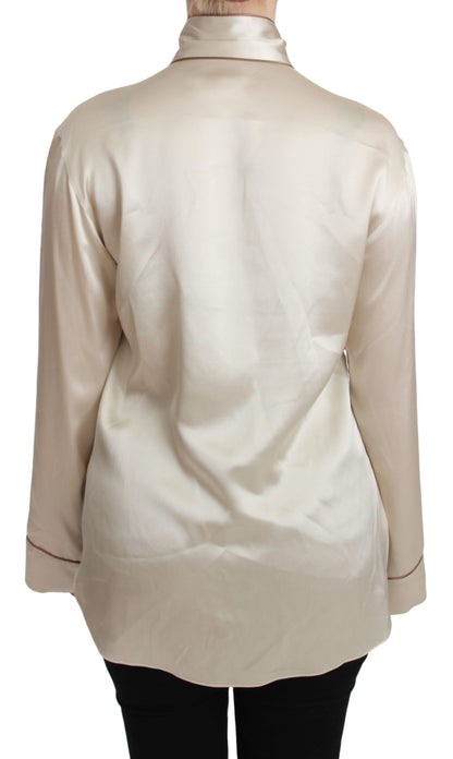 Elegante blusa de satén de seda beige con bordado QUEEN