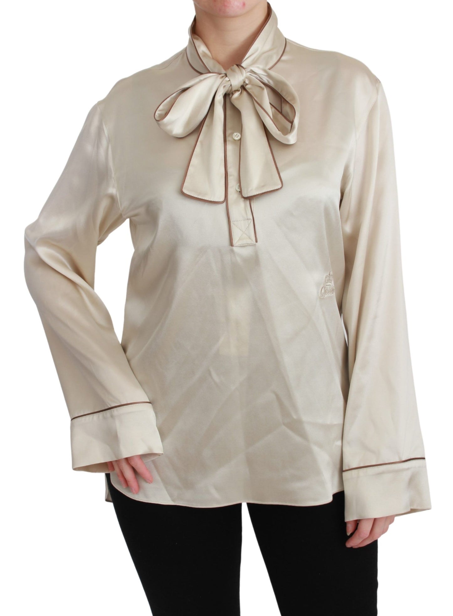 Elegante blusa de satén de seda beige con bordado QUEEN