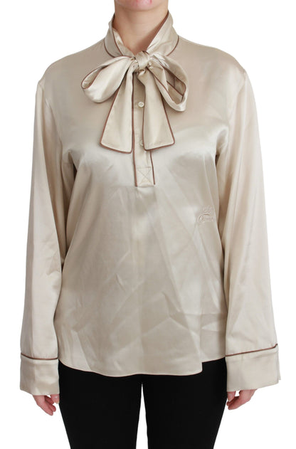 Elegante blusa de satén de seda beige con bordado QUEEN