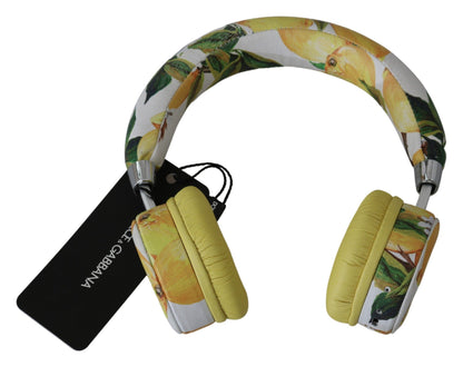 Auriculares elegantes de piel blanca con estampado amarillo