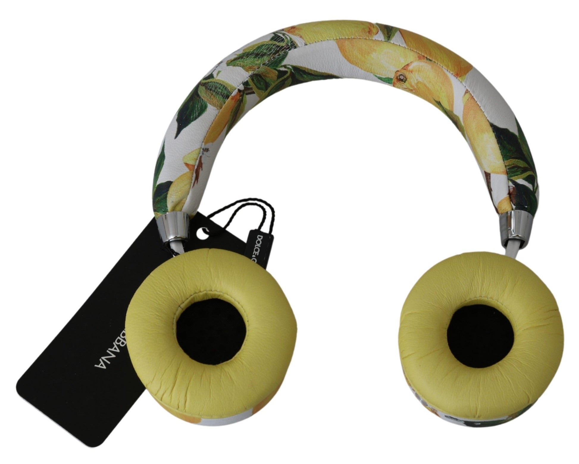 Auriculares elegantes de piel blanca con estampado amarillo