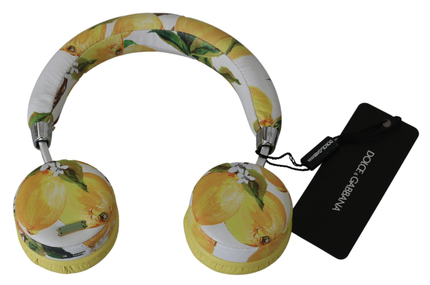 Auriculares elegantes de piel blanca con estampado amarillo