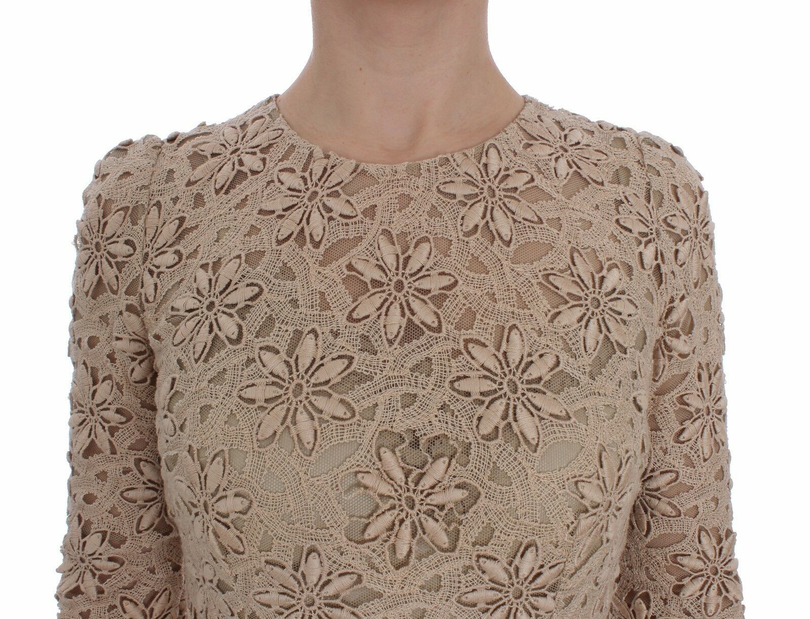 Beige Floral Lace Long Sleeve Maxi Dress