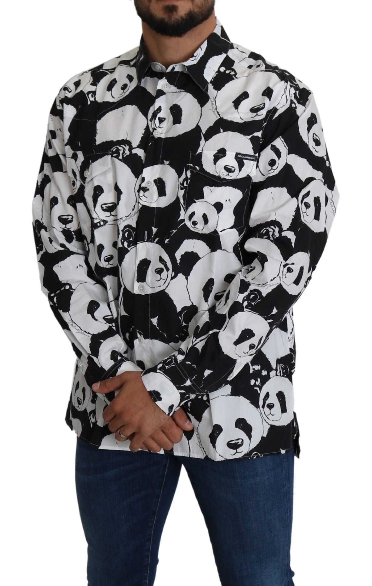 Camisa de algodón puro con estampado de panda - Blanco y negro