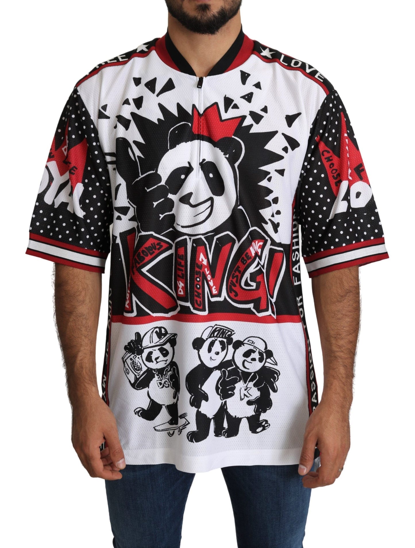 Camiseta elegante con cuello con cremallera y estampado de panda blanco