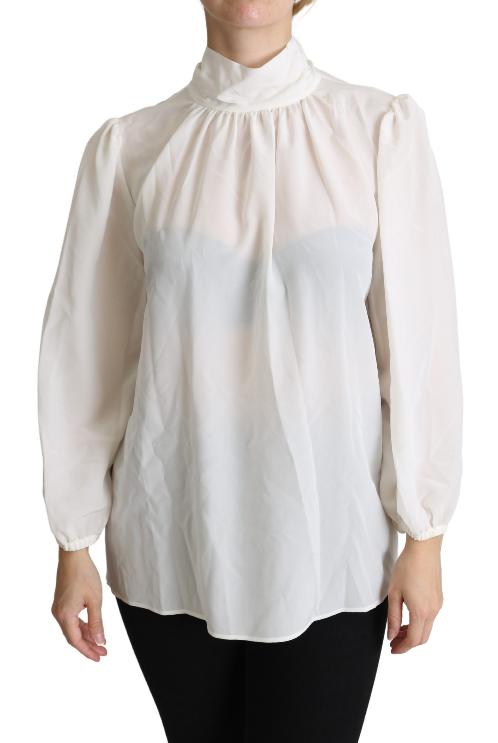 Elegante blusa de seda blanca con lazo en el cuello