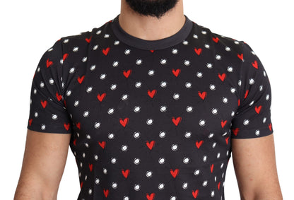 Camiseta elegante de algodón gris con estampado de corazones