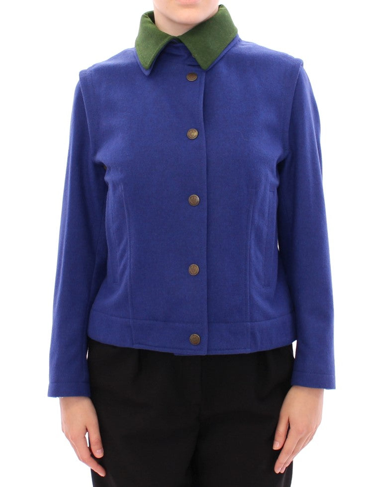 Elegante blaue Wolljacke mit abnehmbarem Kragen