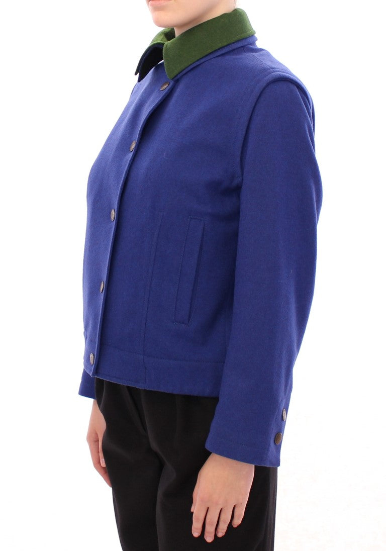 Elegante blaue Wolljacke mit abnehmbarem Kragen