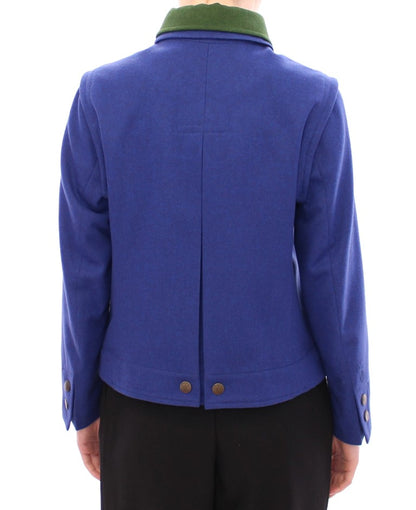 Elegante blaue Wolljacke mit abnehmbarem Kragen