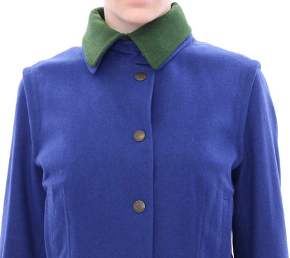 Elegante blaue Wolljacke mit abnehmbarem Kragen