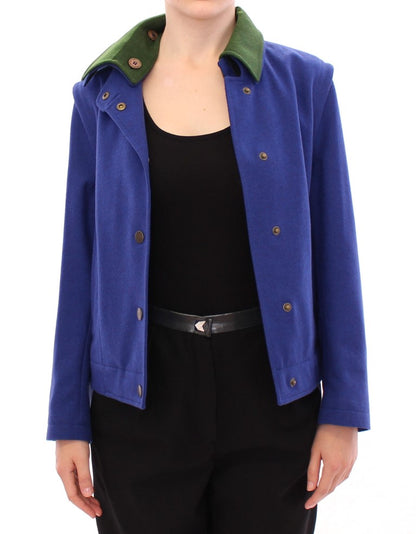 Elegante blaue Wolljacke mit abnehmbarem Kragen