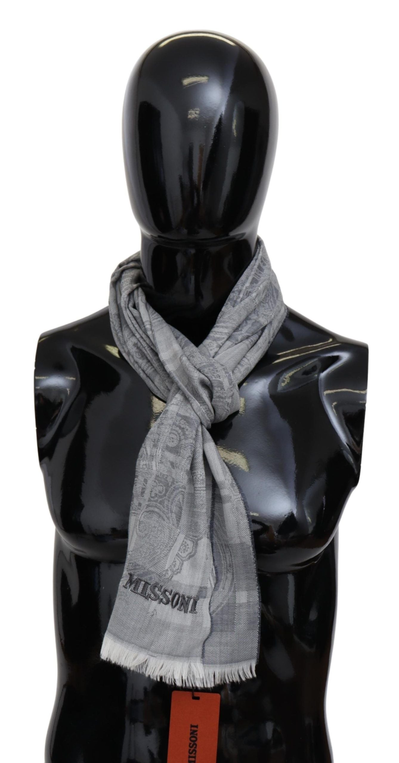 Chic Unisex Gray Wool Scarf with Logo Embroidery