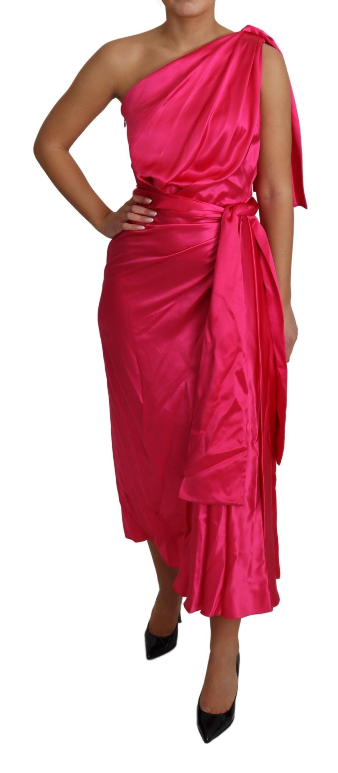 Elegant Fuchsia Silk One-Shoulder Wrap Dress