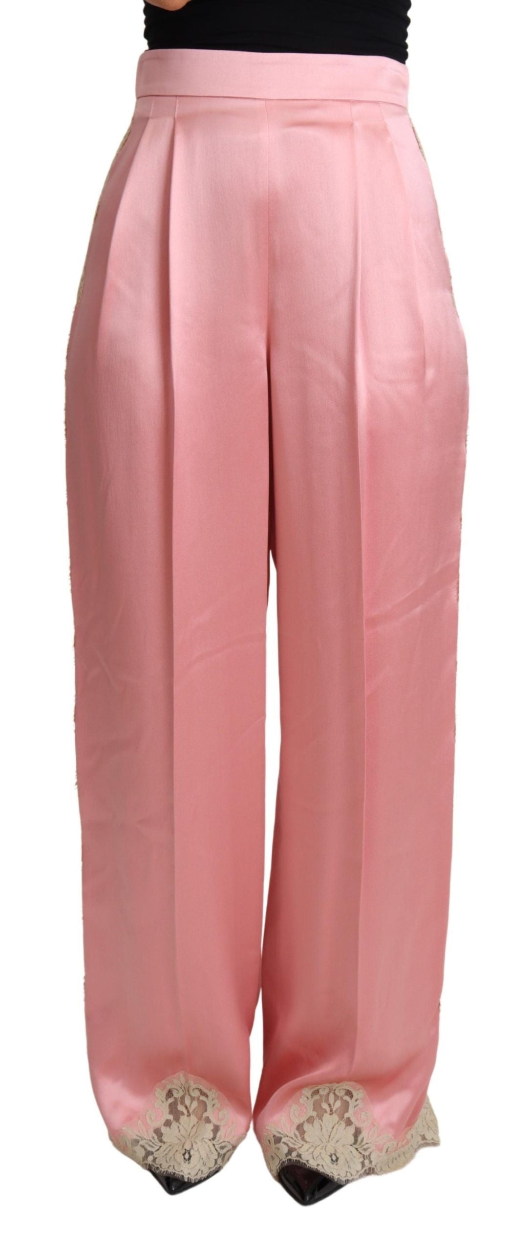 Pantalones anchos de satén con mezcla de seda en color rosa