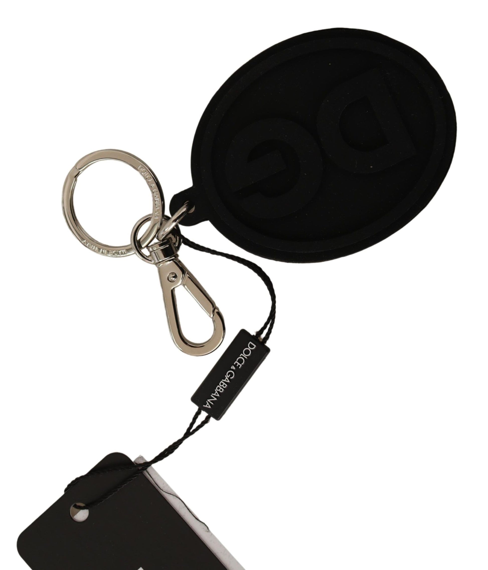 Chic Black Rubber & Brass Logo Keychain