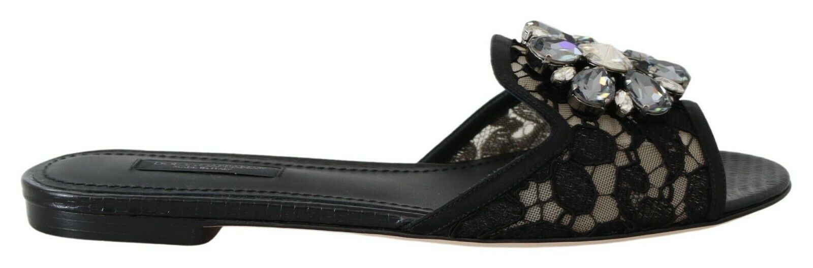 Elegant Black Lace Mules with Jewel Flower Detail