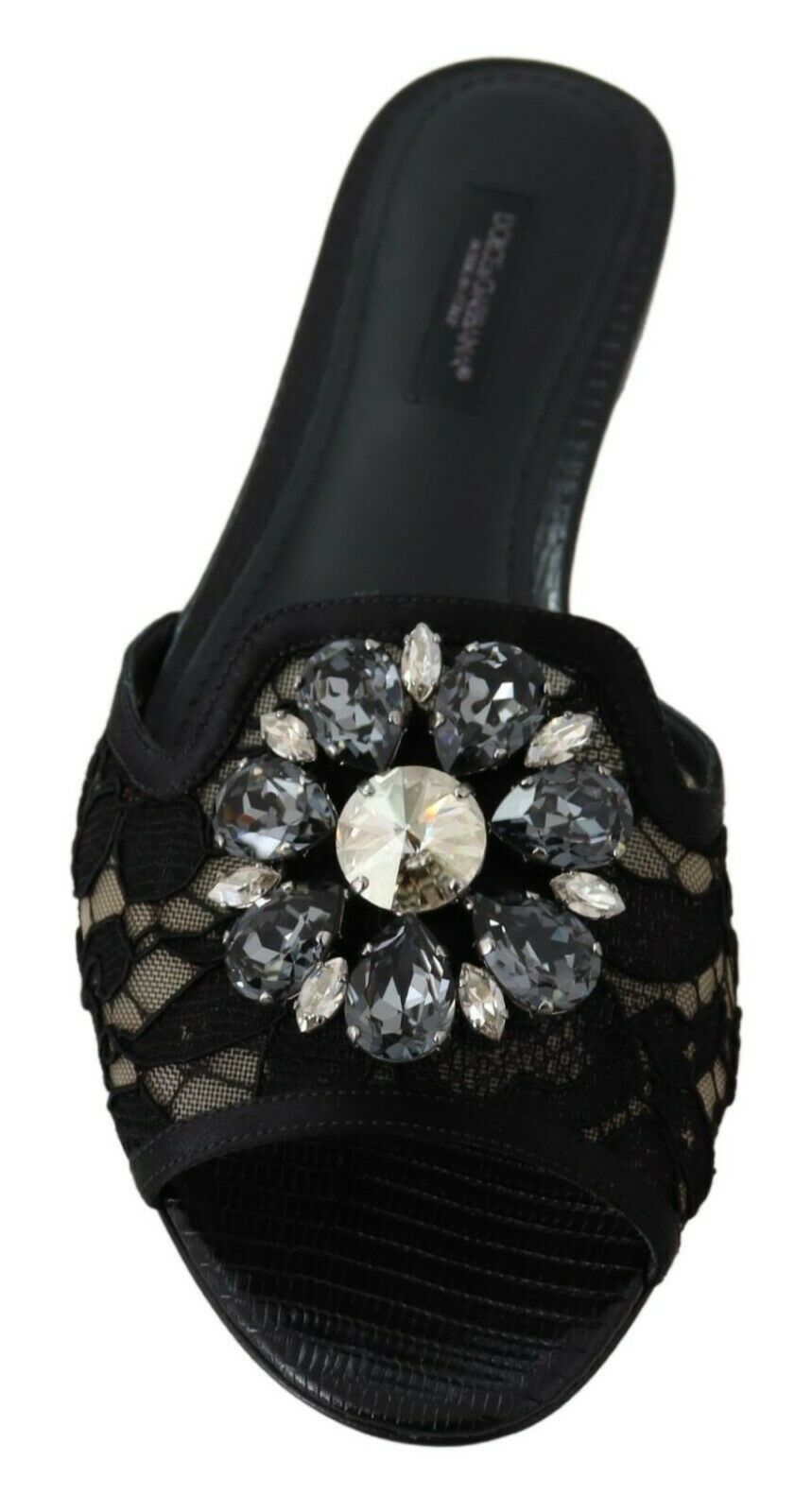 Elegant Black Lace Mules with Jewel Flower Detail