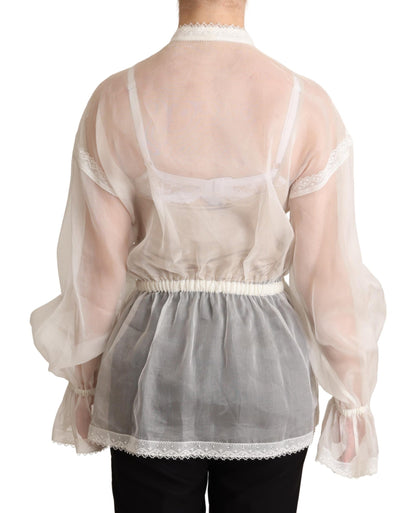 Elegante blusa Ascot de seda y algodón blanca