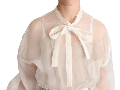 Elegante blusa Ascot de seda y algodón blanca