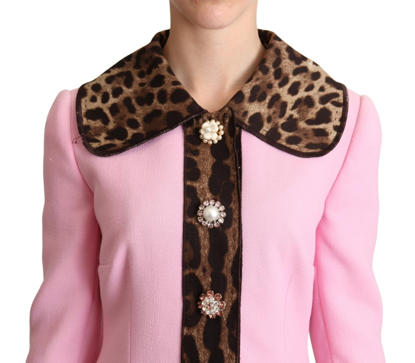 Schicker rosa Leoparden-Trenchcoat mit Kristallknöpfen