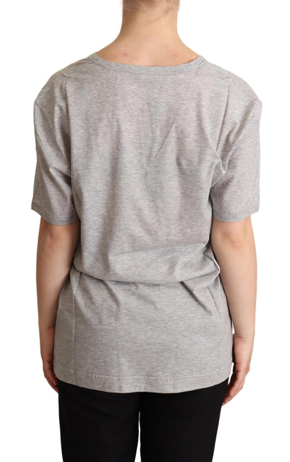 Gray Solid 100% Cotton V-neck Top T-shirt