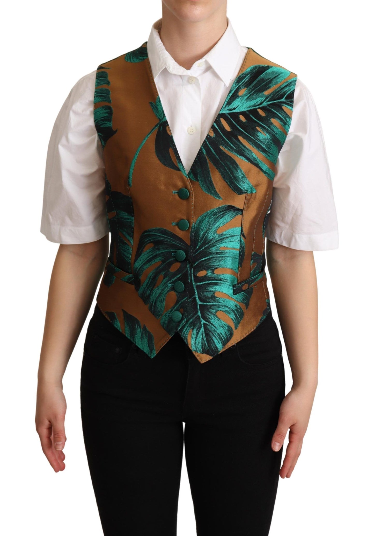 Elegant Green Leaf Print Waistcoat