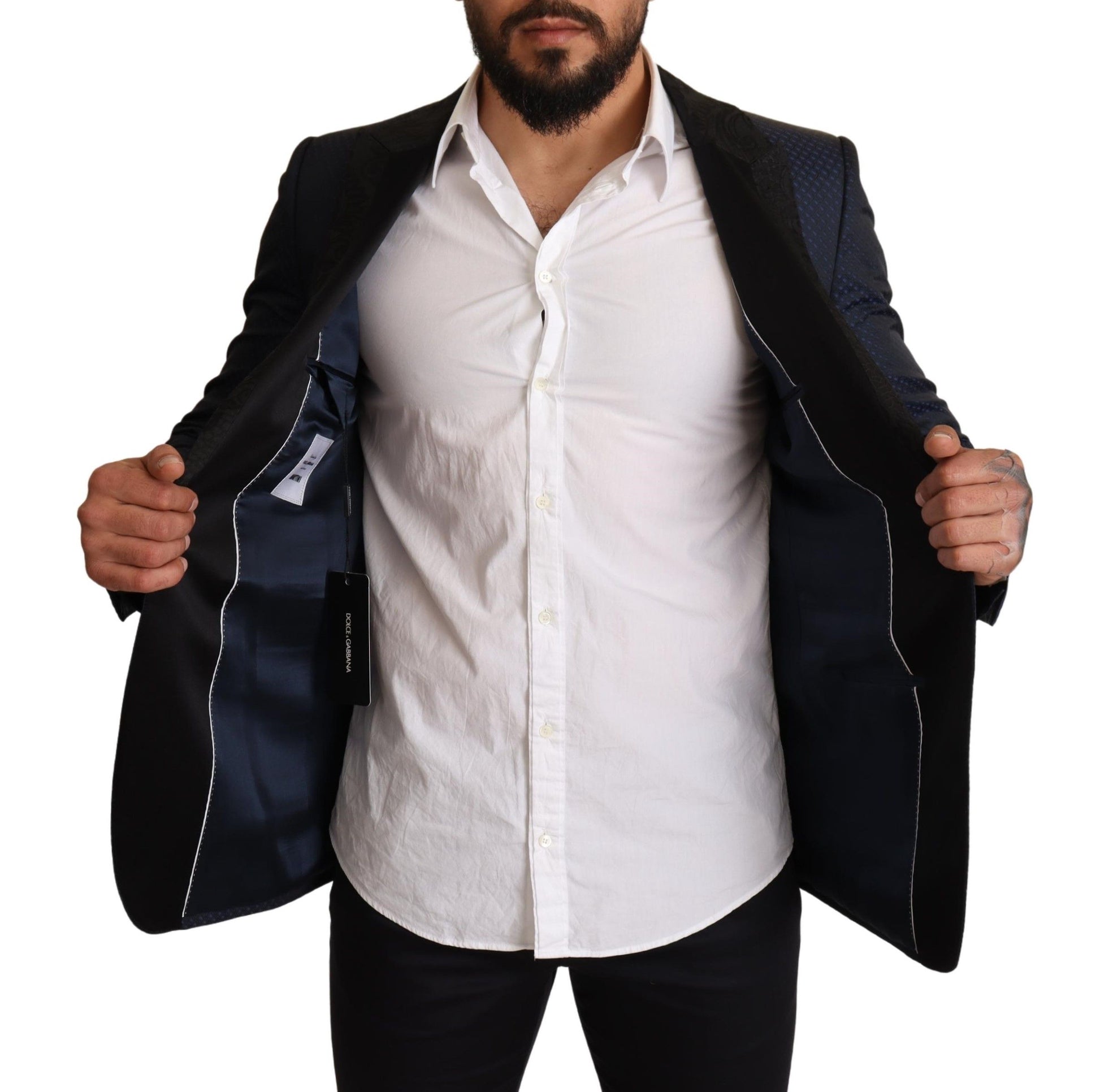 Elegante blazer azul ajustado con diseño de martini