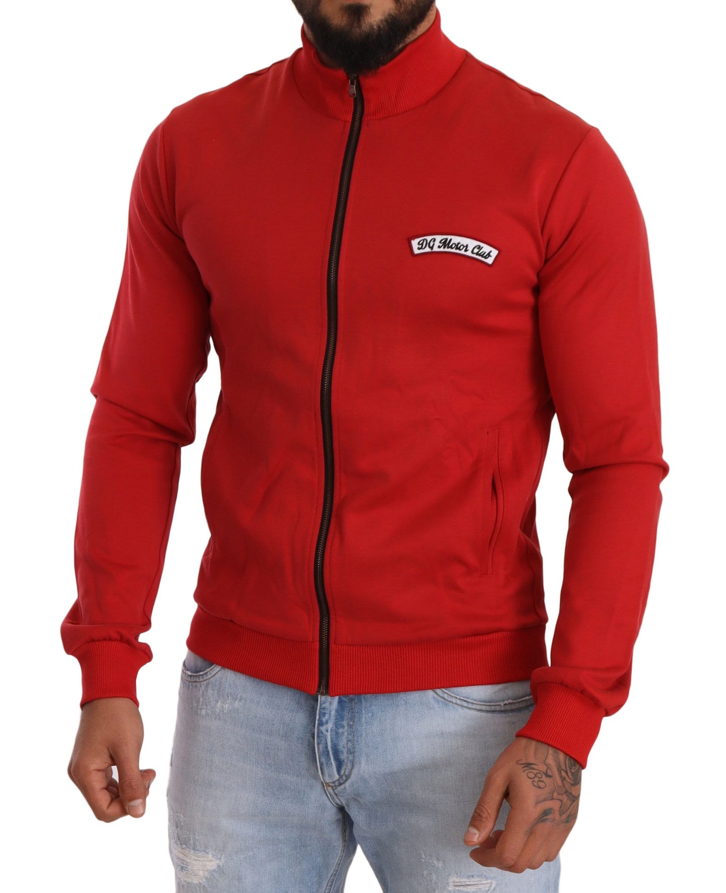 Eleganter roter Pullover mit durchgehendem Reißverschluss und DG Motor Club-Motiv