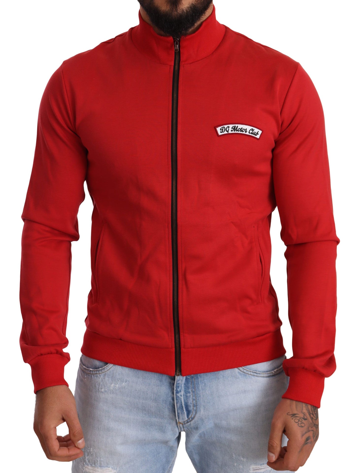 Eleganter roter Pullover mit durchgehendem Reißverschluss und DG Motor Club-Motiv