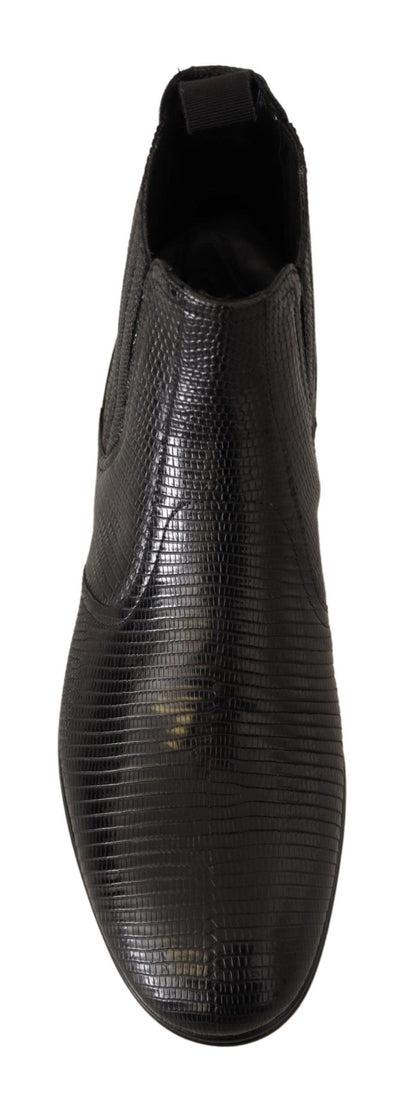 Elegant Black Leather Lizard Skin Derby Boots