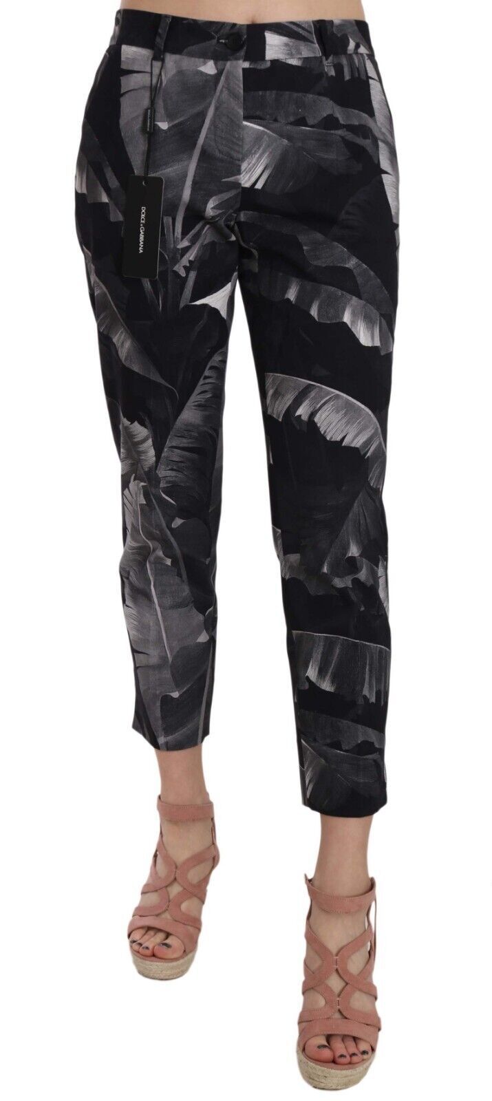 Elegante schwarze Caprihose mit Bananenblatt-Print