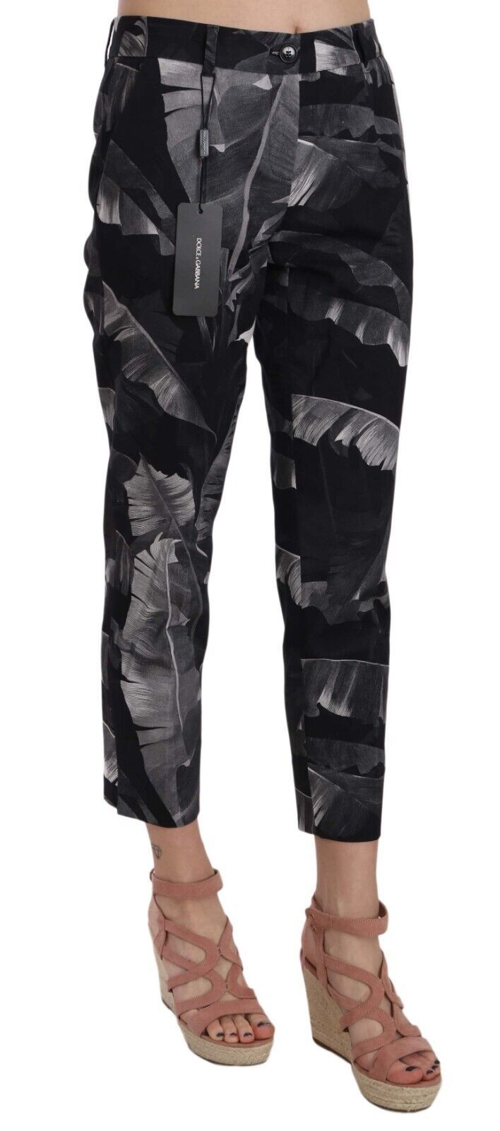 Elegante schwarze Caprihose mit Bananenblatt-Print