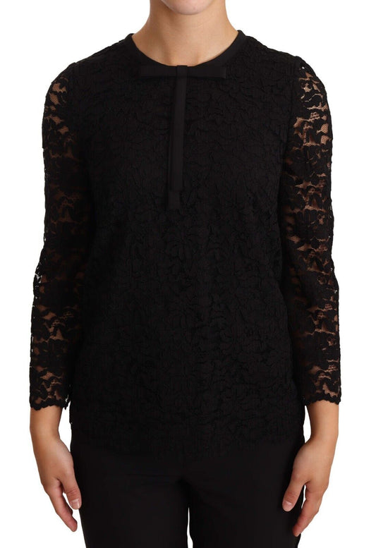 Elegante blusa de manga larga con encaje floral negro