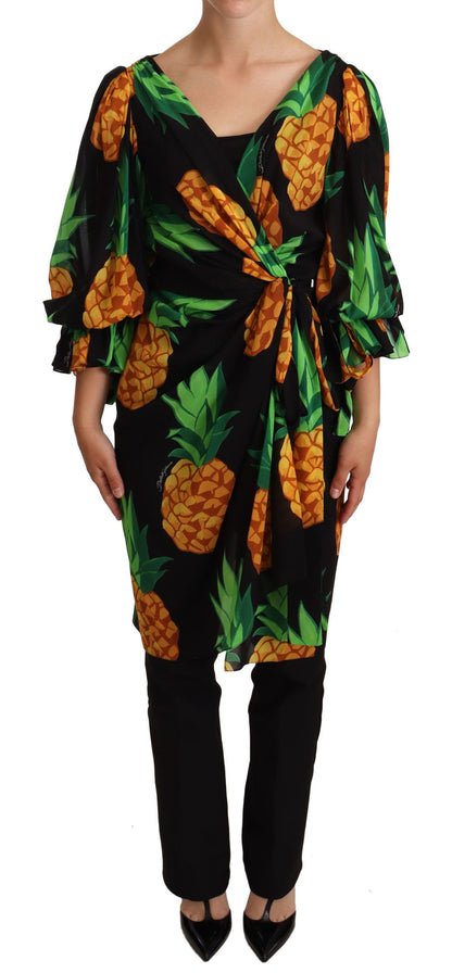 Lebendiges, drapiertes Wickelkleid mit Ananas-Print