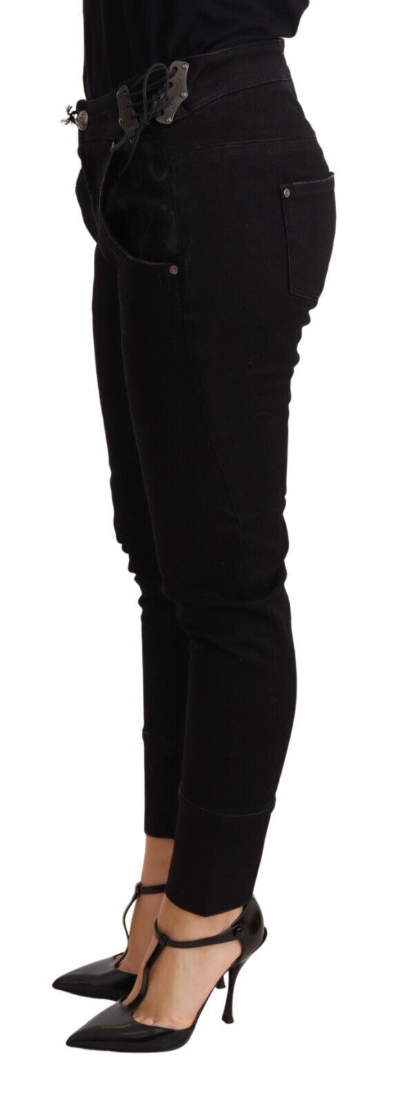 Schicke Skinny-Hose aus schwarzer Baumwolle mit niedriger Taille