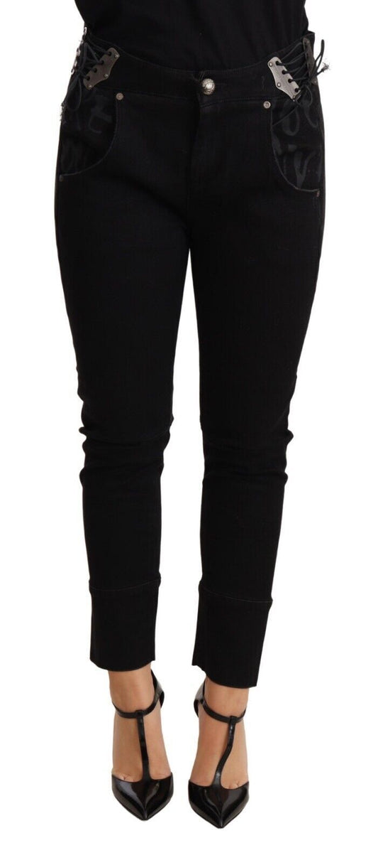 Schicke Skinny-Hose aus schwarzer Baumwolle mit niedriger Taille