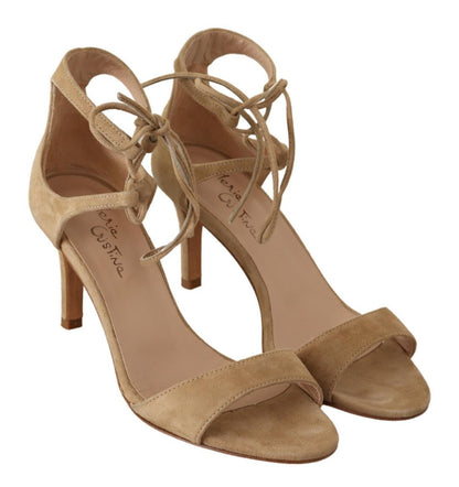 Elegant Beige Suede Ankle Strap Heels