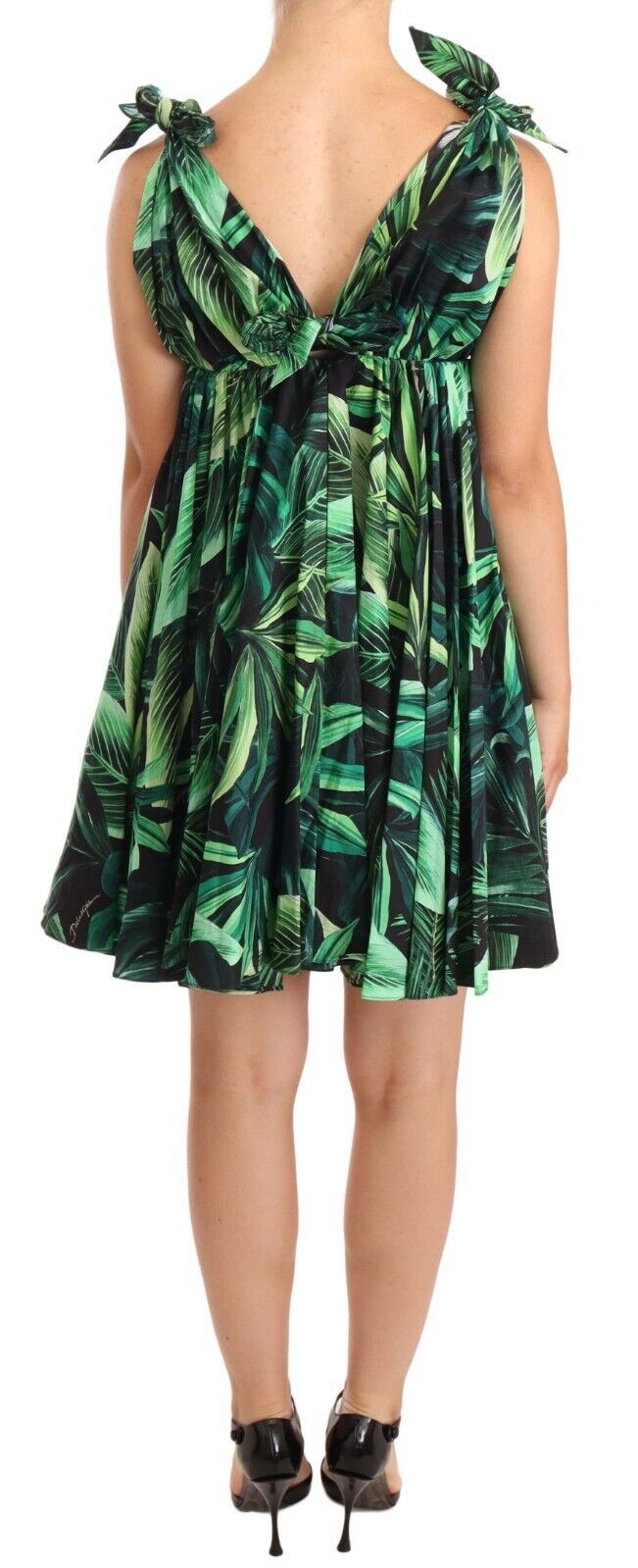 Elegant Flared Mini A-Line Dress in Green Leaf Print