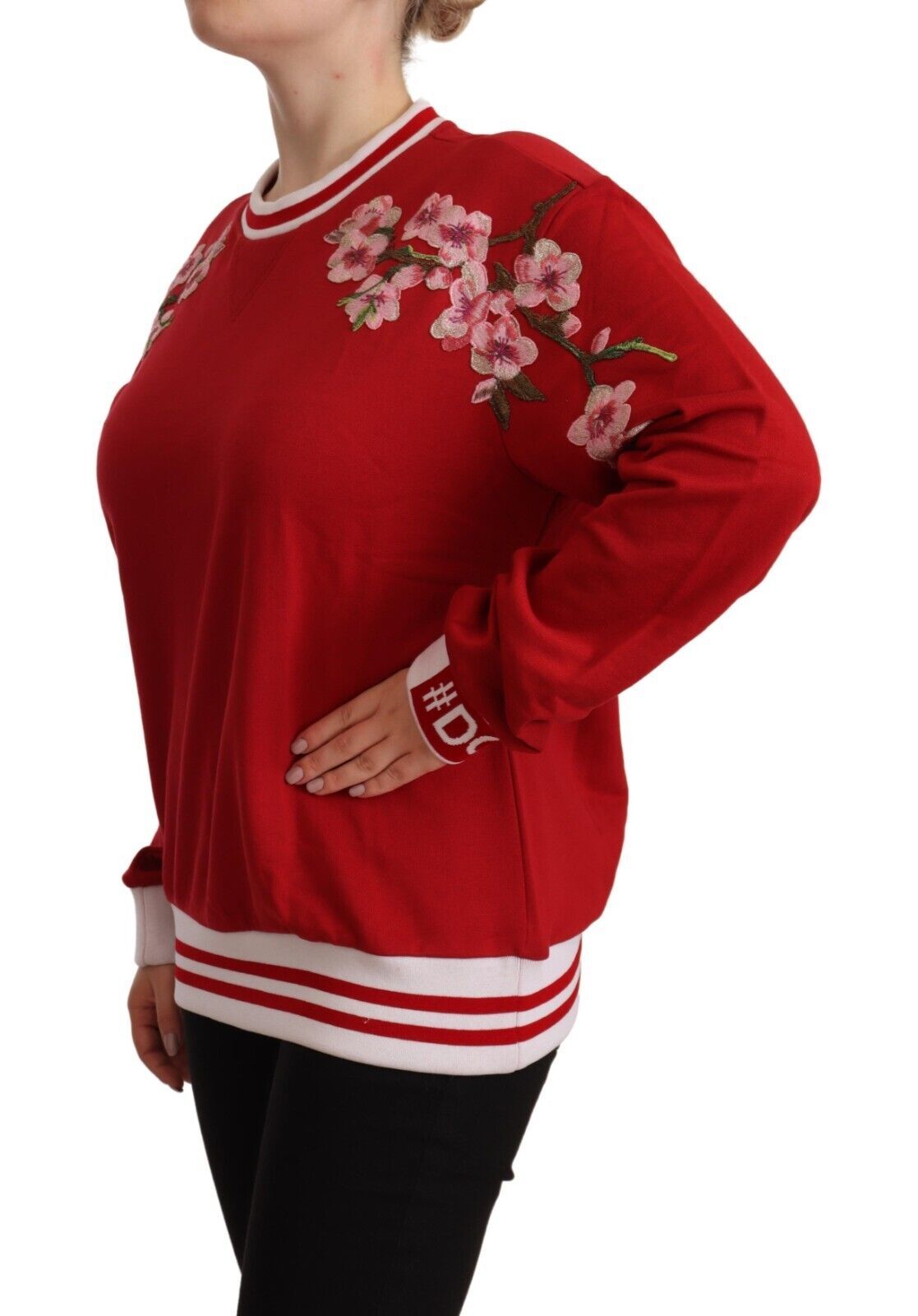 Elegante jersey rojo de cuello redondo con motivo floral