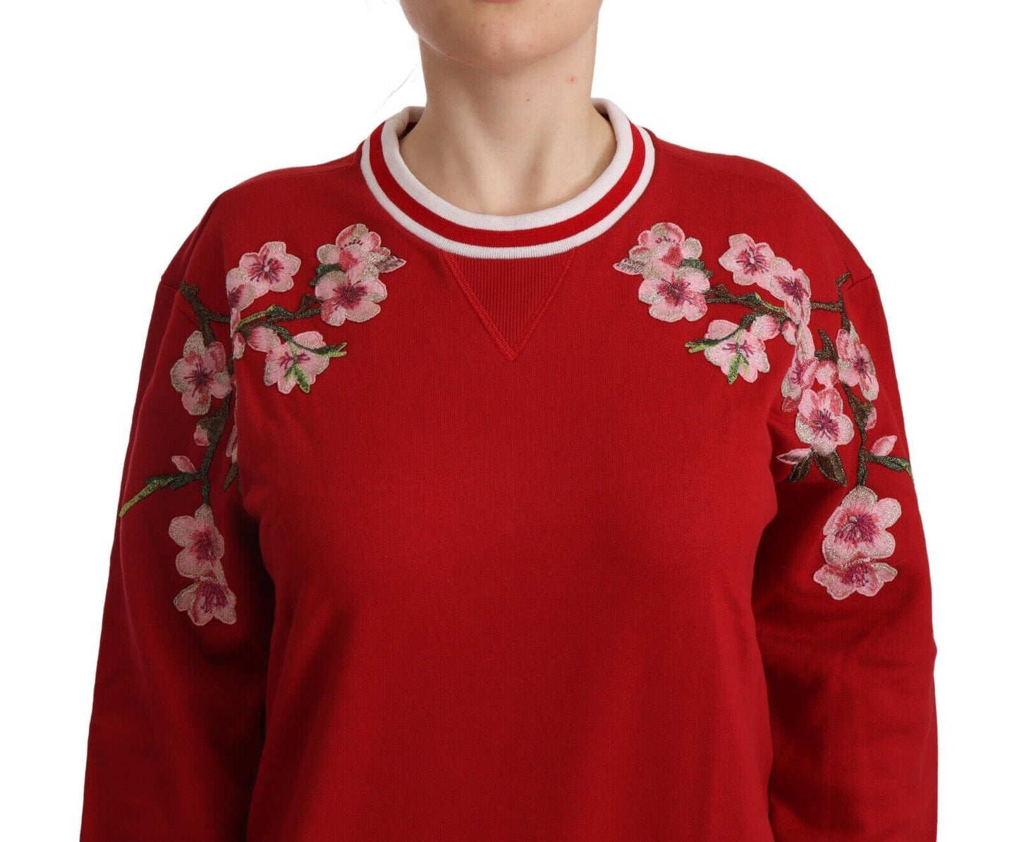 Elegante jersey rojo de cuello redondo con motivo floral