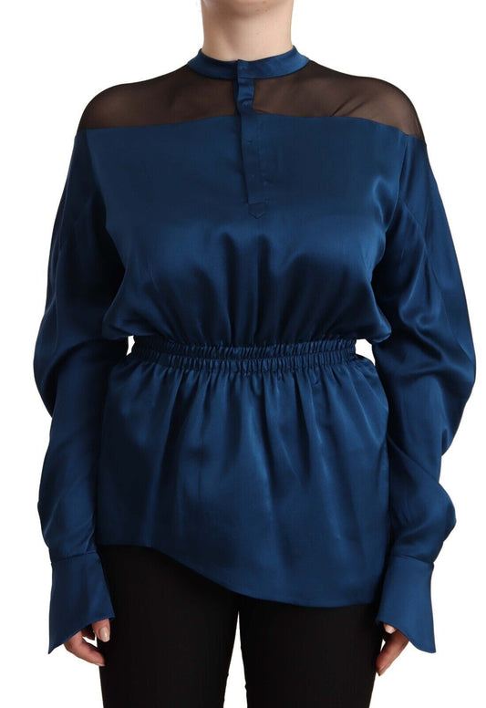 Elegante blusa de seda con cuello redondo en color azul