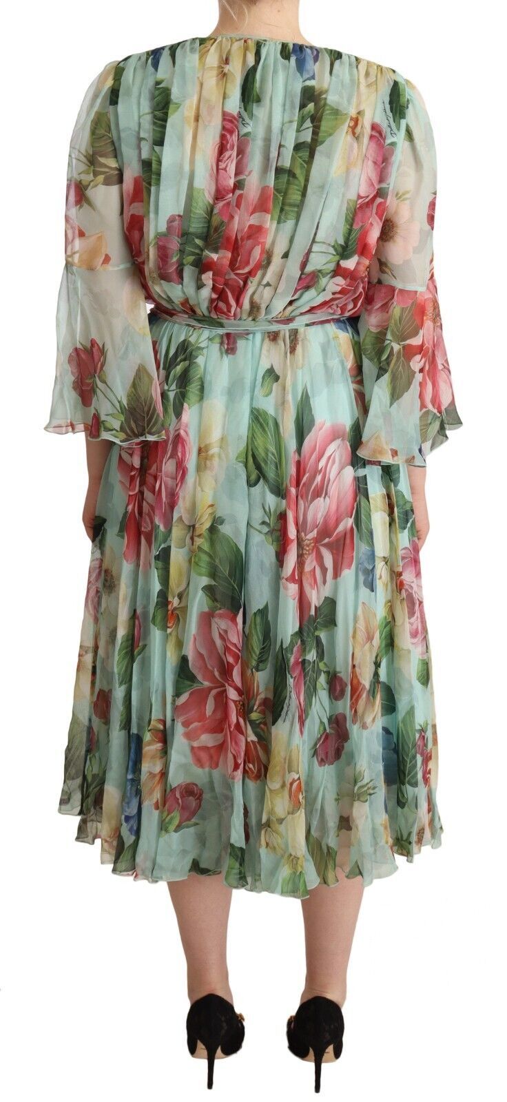 Elegant Floral Green Midi Silk Dress