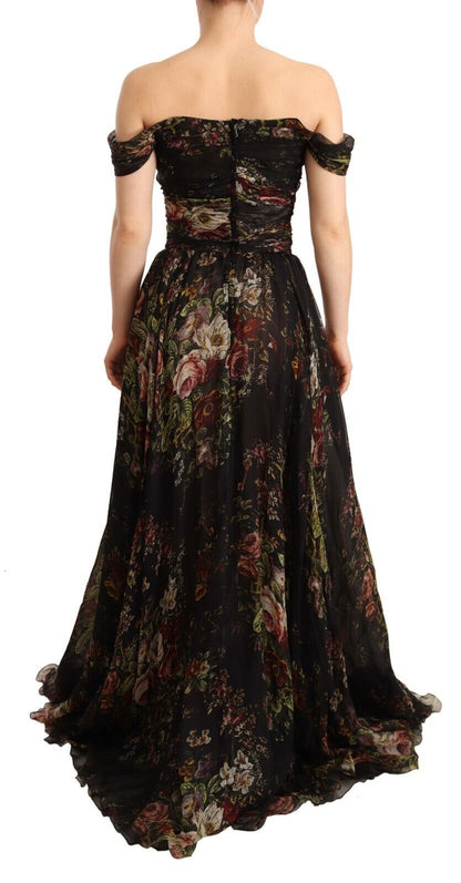 Langes, schulterfreies Seidenkleid mit Blumenmuster