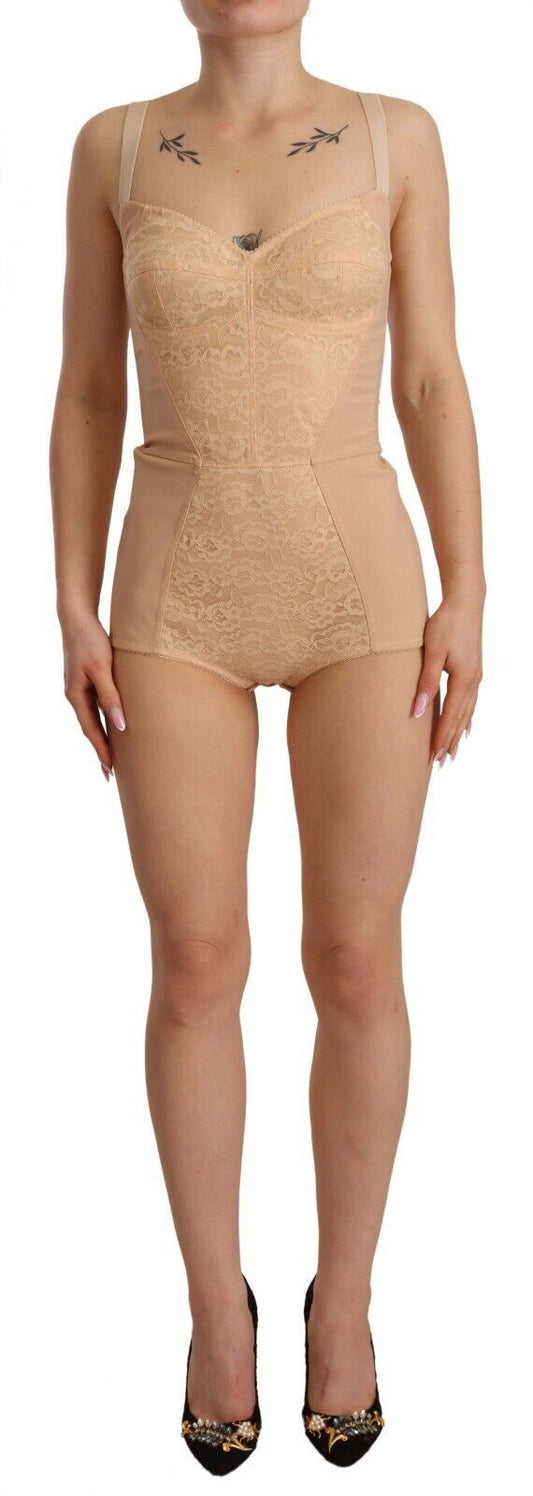 Beige Lace Panel Stretch Bodysuit