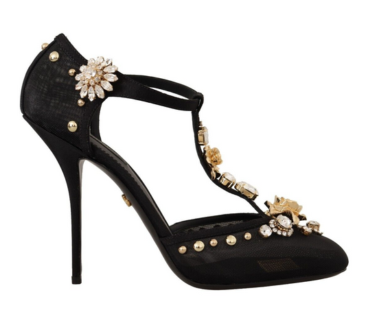 Elegant Crystal-Embellished Mesh T-Strap Pumps