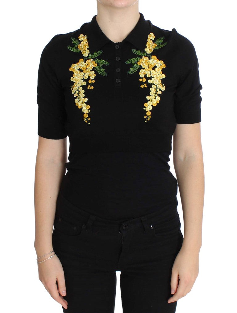 Elegante polo de seda negra con estampado floral